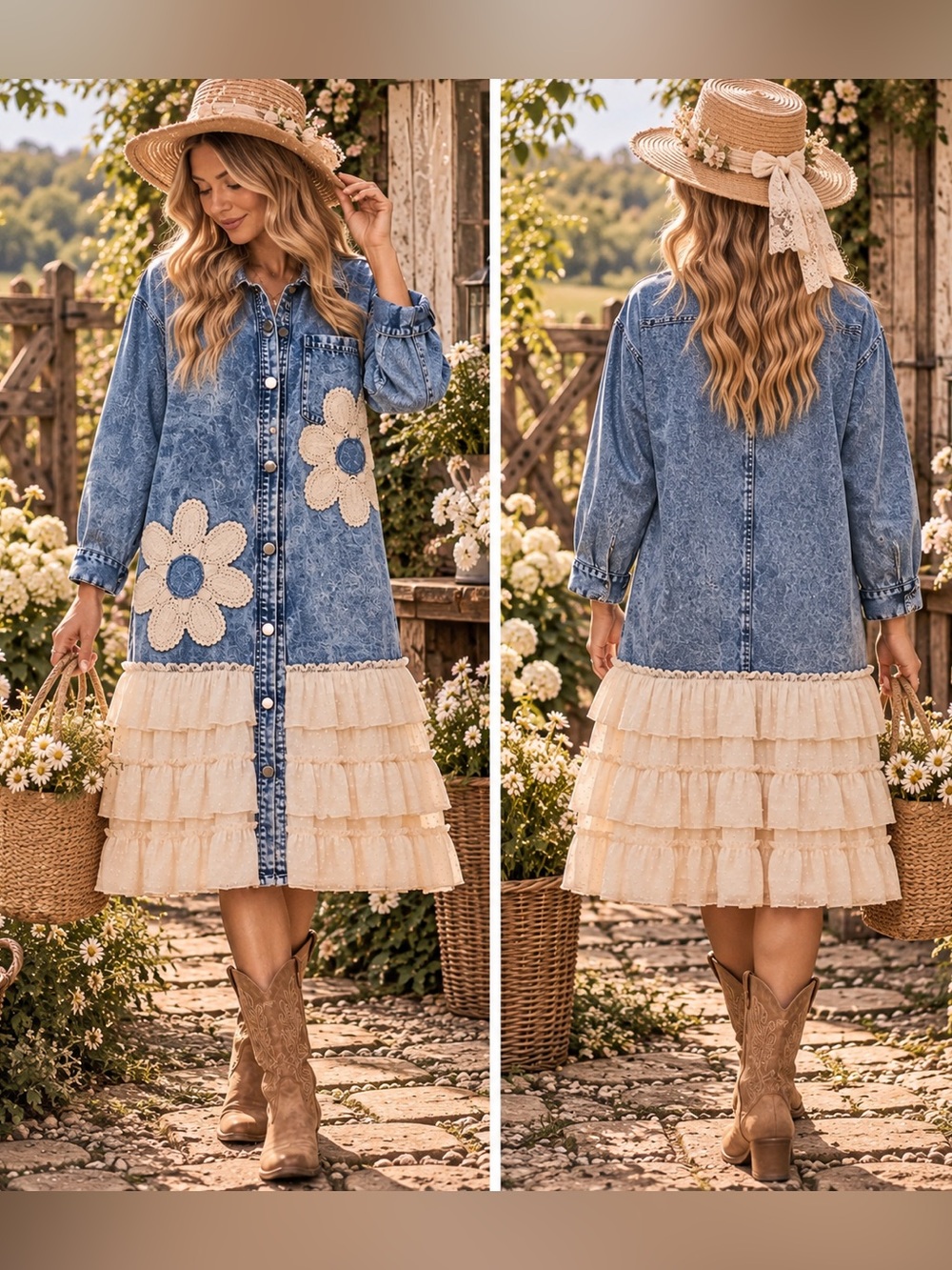 Denim floral patchwork lace boho western jean button chic cardigan jacket top